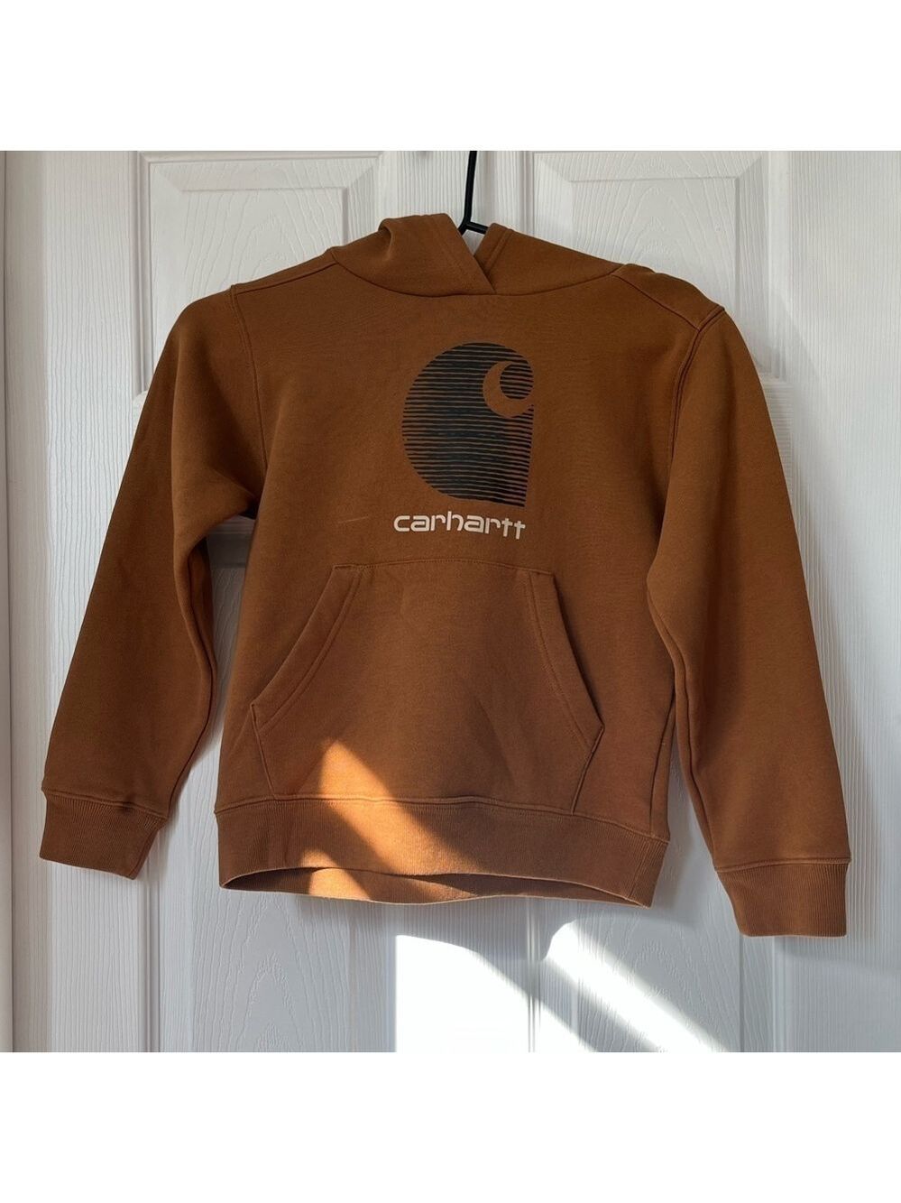 Carhartt boys tan hooded sweatshirt big logo size small 8/10